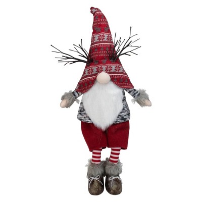 Northlight 30" Red and Gray Fair Isle Sitting Gnome Christmas Figure with LED Antlers