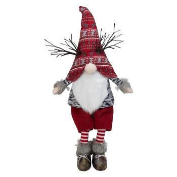 Northlight 30" Red and Gray Fair Isle Sitting Gnome Christmas Figure with LED Antlers
