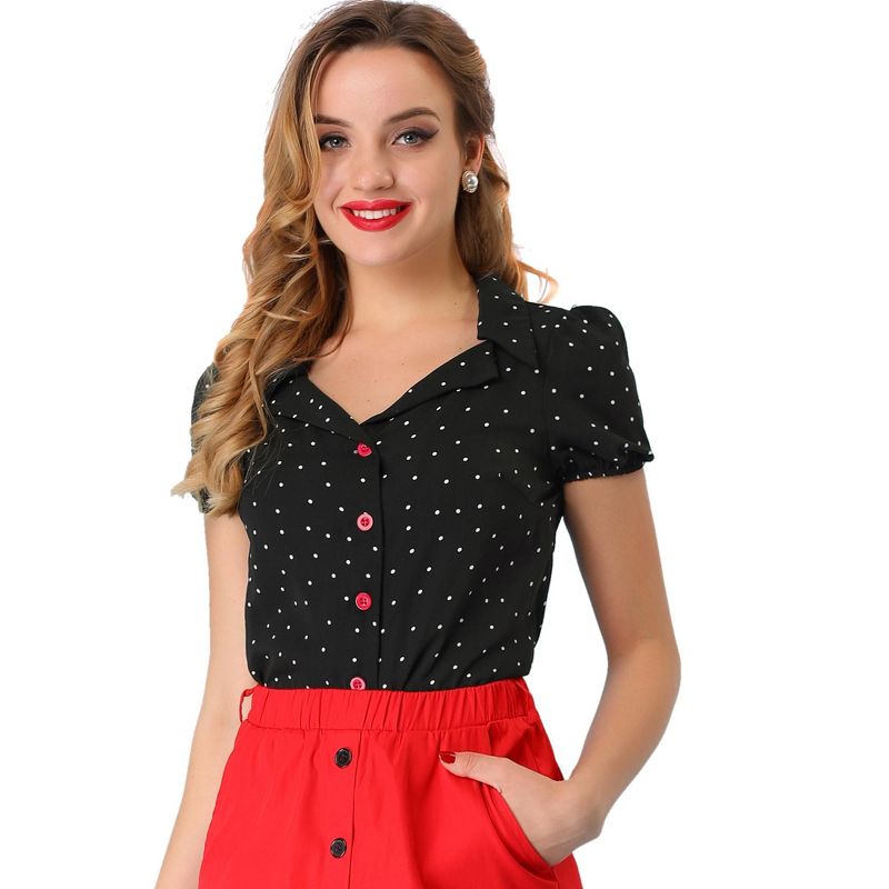 Allegra K Women's Polka Dots Short Sleeve Piped Button Down Work Top, 1 of 7