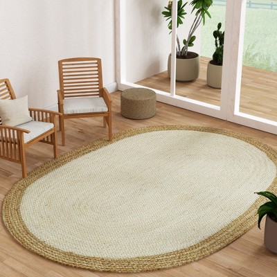 Maxax Jute Hand Braided Zigzag Stitch Natural Fibers Farmhouse Style Area Rug For Dining Room Living Room Kitchen, Off White/Natural