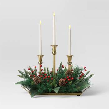 Battery Operated Flameless Taper Candle and Gold Candle Holder in Metal Tray with Faux Christmas Greenery - Wondershop™