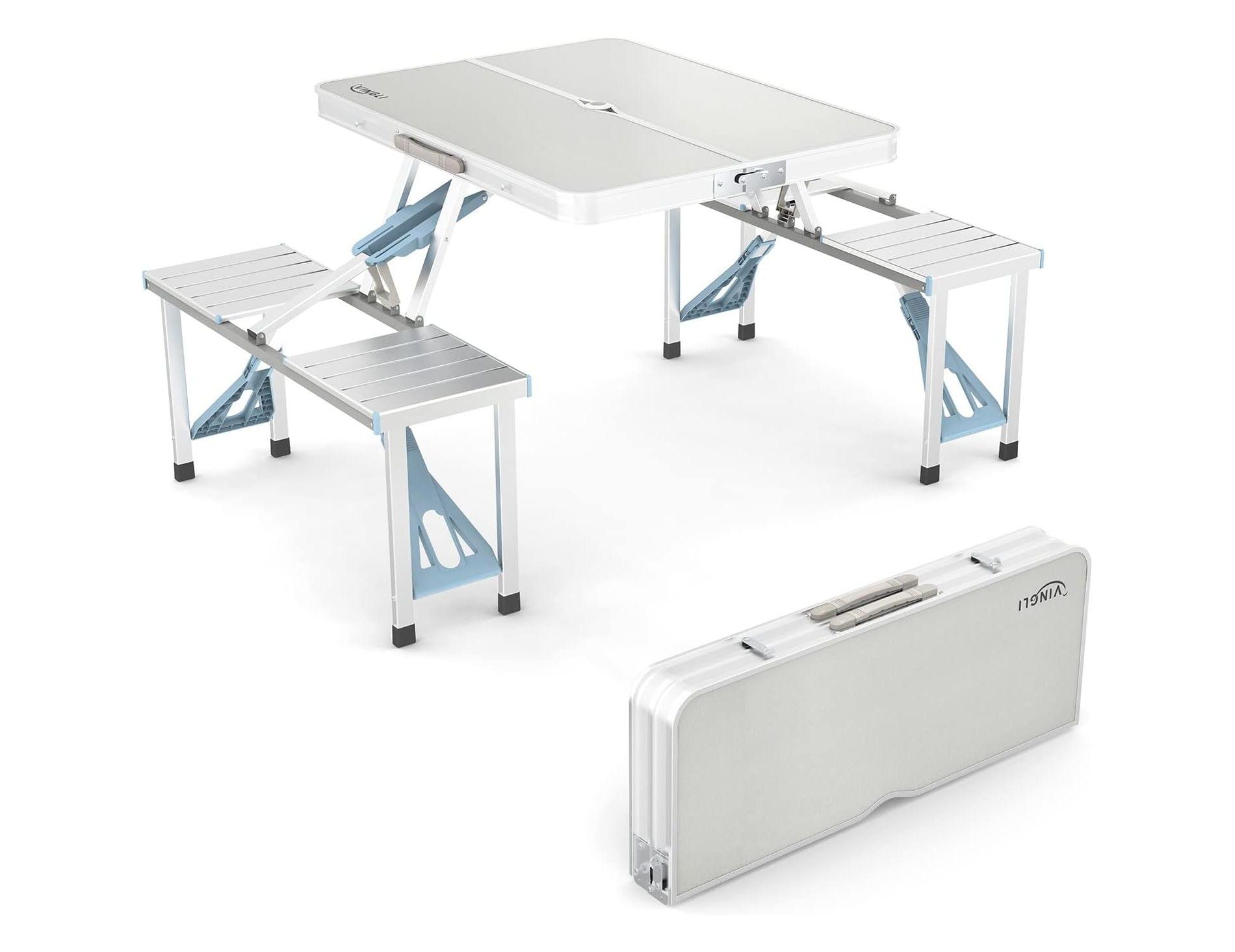 VINGLI 4Ft Folding Camping Picnic Table with Seats/Umbrella Hole-265 Lbs Support that Lightweight and Fold Up Card Suitcase Table Aluminum Alloy Frame