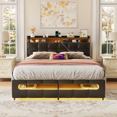 Aheaplus Upholstered Bed Frame with Storage Headboard, Charging Station, LED Light
