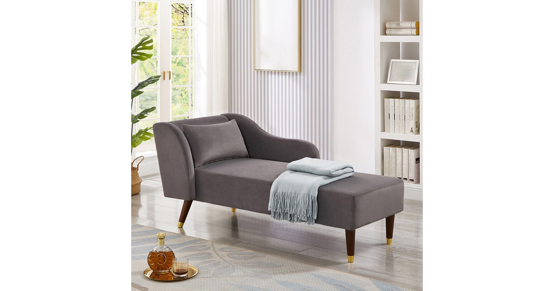 Modern Velvet Chaise Lounge Chair, Upholstered Arm Chaise Lounge with Curved Armrest, Sleeper Lounge Sofa Couch for Bedroom Office Living Room Grey