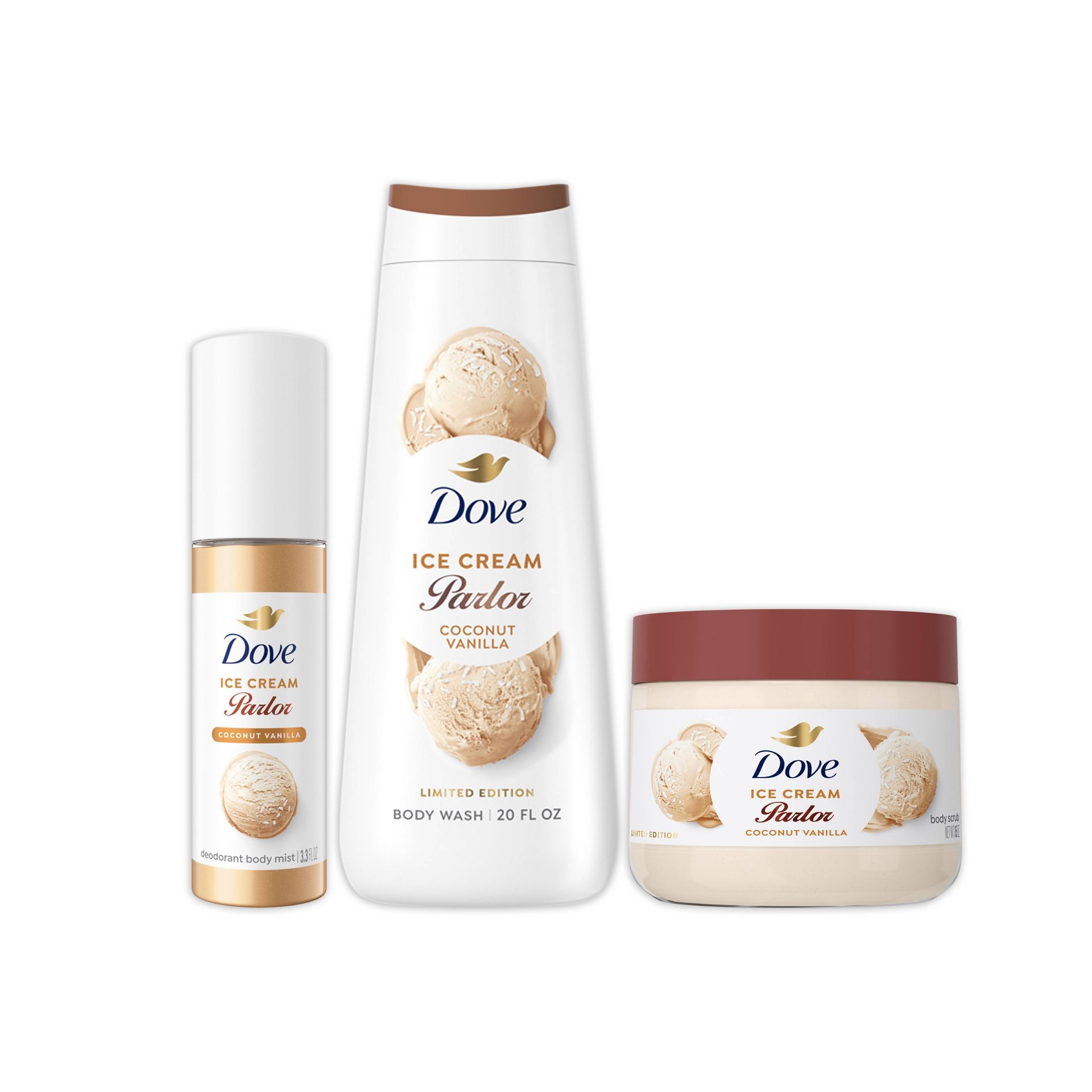 Dove Beauty Ice Cream Parlor Coconut Vanilla 20oz Body Wash + 3.3oz Body Mist + 15oz Body Scrub