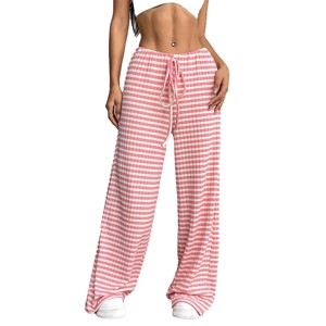 Womens Ribbed Knit Sweatpants Wide Leg Striped Pants with Drastring Detail Comfy Cotton Blend Lounge Pants Knit Pants - 1 of 4