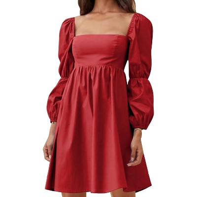 EXLURA Womens Square Neck Dress Long Puff Sleeve A-Line Casual Short Mini Dresses