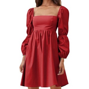EXLURA Womens Square Neck Dress Long Puff Sleeve A-Line Casual Short Mini Dresses - 1 of 4