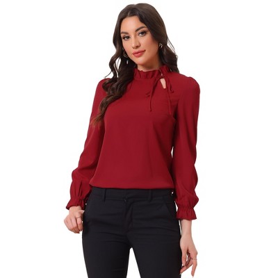 INSPIRE CHIC Women's Elegant Long Sleeve Ruffle Tie Neck Business Work Top