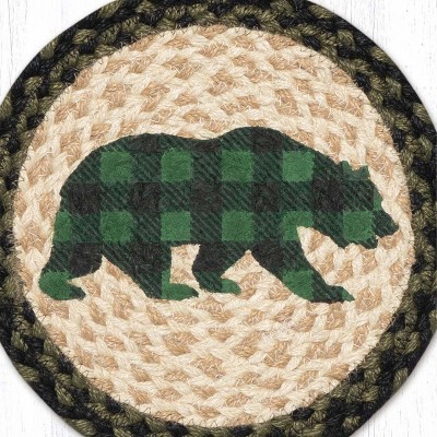 Earth Rugs Green Plaid Bear Printed Round Jute Trivet - Thumbnail 4