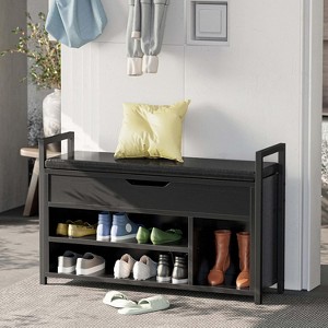 Industrial Shoe Storage Bench with Lift Top - Metal and Wood Entryway Bench with 2-Tier Shoe Rack, Functional Hallway Organizer - 1 of 4