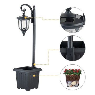 Black Solar Lamp Post with Planter and Crackle Glass Shade