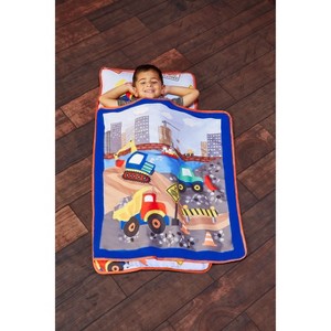 EVERYDAY KIDS Toddler Nap Mat –Under Construction– Soft Microfiber, Rollup with Handle & Pillow, for Preschool, Daycare, or Travel -Ages 2-6 years - 1 of 4