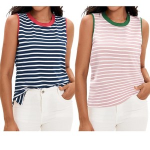 ATHLECHIC Women's Striped Color Block Side Slits Crew Neck Casual Sleeveless Shirts 2 Packs - 1 of 4