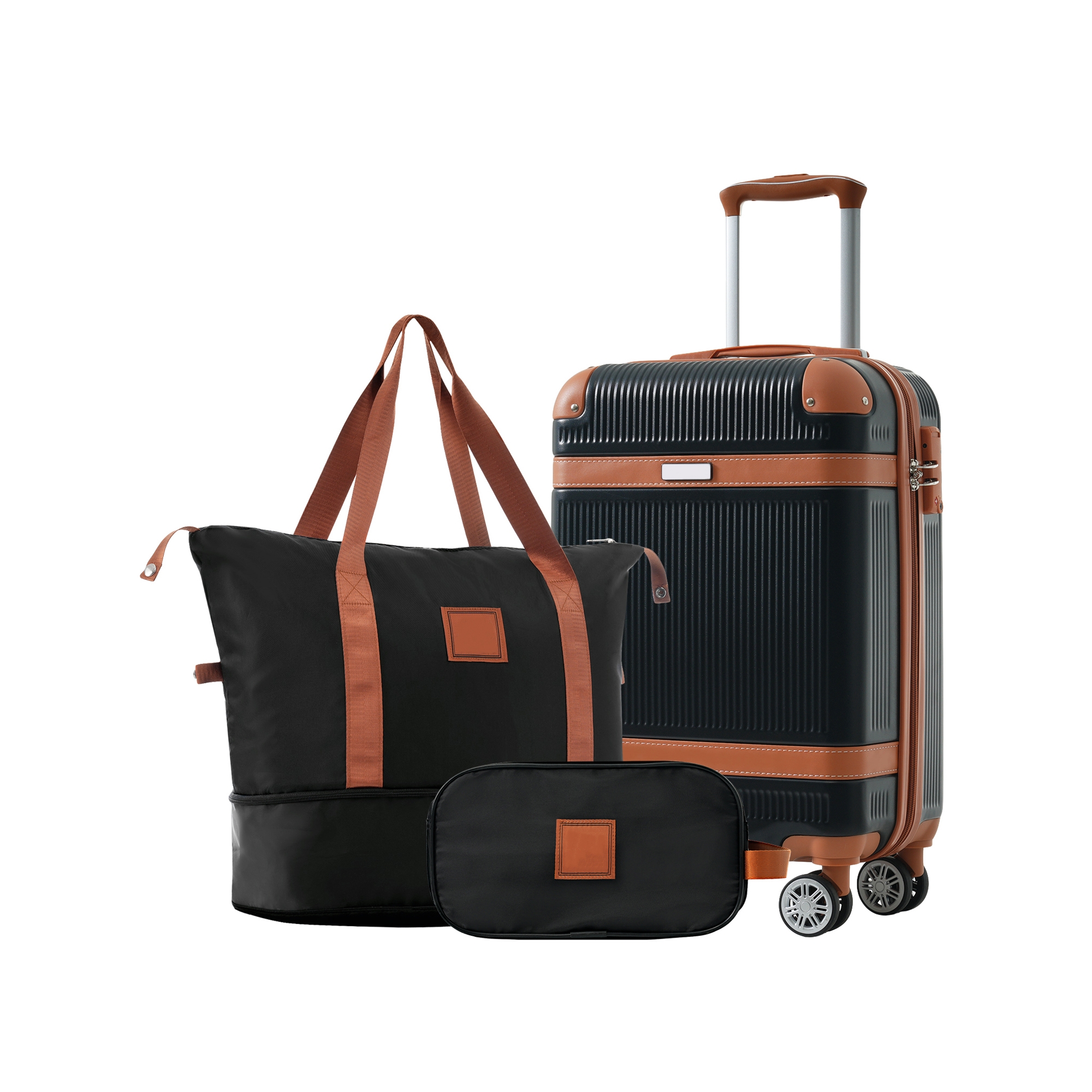 3 PCS ABS Lightweight Hard Shell Carry on Luggage(20") with Travel Bag, Spinner Wheels and TSA Lock, Black - ModernLuxe