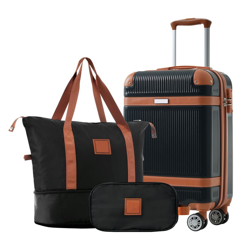 3 PCS ABS Lightweight Hard Shell Carry on Luggage(20") with Travel Bag, Spinner Wheels and TSA Lock, Black - ModernLuxe