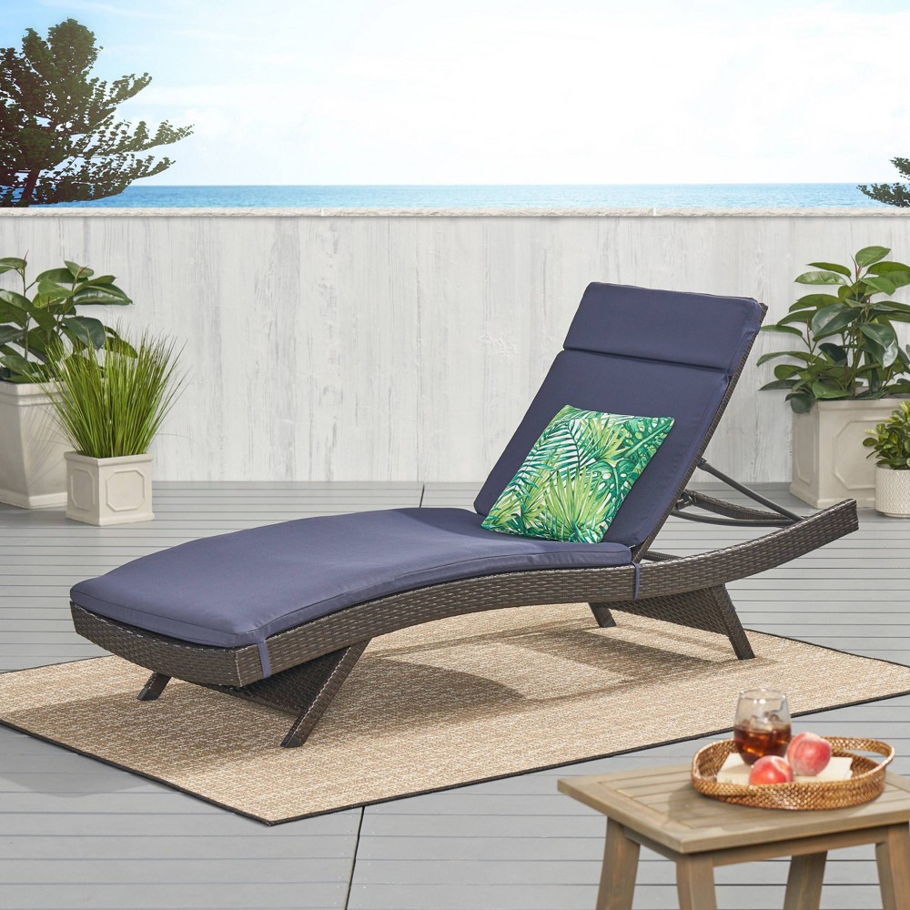 Salem Brown Wicker Adjustable Chaise Lounge - Navy - Christopher Knight Home: Weather-Resistant Patio Furniture