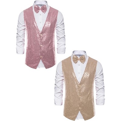 Lars Amadeus Men's Sequin Shiny Sleeveless Party Prom Dress Suit Vest with Bow Tie 2 Packs