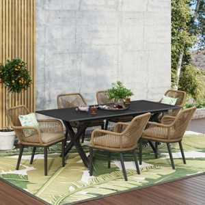 Christopher Knight Home Westara Outdoor Wicker and Aluminum 7 Piece Expandable Dining Set with Umbrella Hole and Cushion, Matte Black/Light Brown - 1 of 4