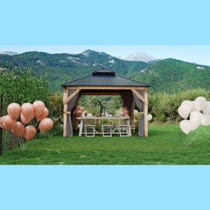 Permanent Hardtop Wood Gazebo with Double Metal Roof & Heavy-Duty Timber Frame for All-Weather Protection in Patio & Garden - 1 of 4