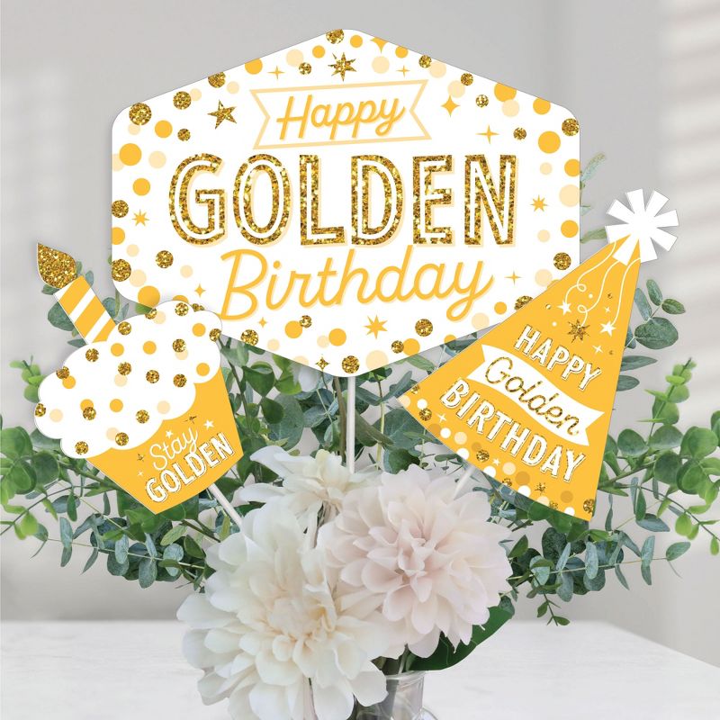 Big Dot of Happiness Golden Birthday - Happy Birthday Party Centerpiece Sticks - Table Toppers - Set of 15, 1 of 8