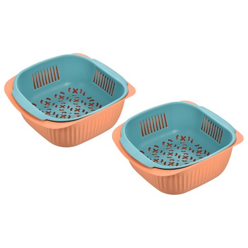 Unique Bargains Fruit and Vegetable Strainer Basket Plastic Double Layer  Washing Basket Blue Orange 19 x19 x 9 cm