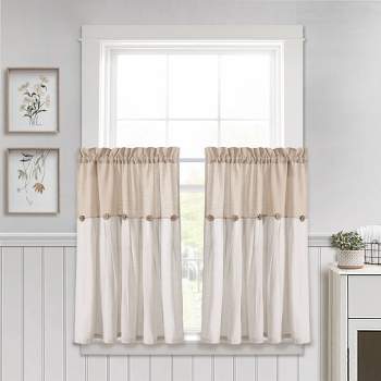 Set of 2 Farmhouse Linen Button Kitchen Curtain Tiers - Lush Décor