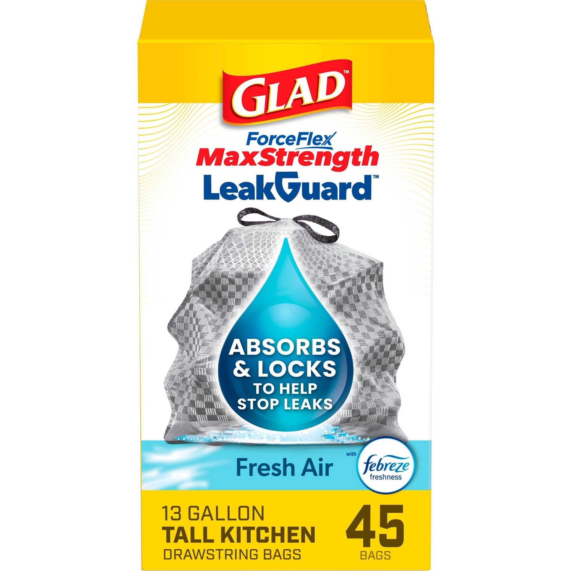 Glad ForceFlex MaxStrength Drawstring LeakGuard Trash Bags - Fresh Air - 13 Gallon - 45ct