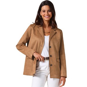 INSPIRE CHIC Women's Faux Suede Vintage Button Down Notched Lapel Long Sleeve with Pockets Blazer - 1 of 4