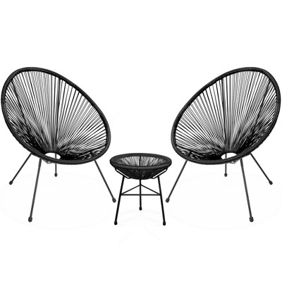 Barton 3-Piece Acapulco Patio Chair Weave Lounge Chair with Glass Top Table (Black)