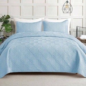 Elegant Extra Soft Quilts Queen Size, 3 - Piece Lightweight Modern Geometric Full Queen Quilt Bedding Set, Light Blue - 1 of 4