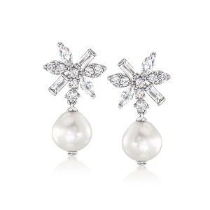 Ross-Simons Rhodium-Plated Drop Earrings With 1.60 ct. t.w. Czs and 9-9.5mm Cultured Baroque Pearls - 1 of 3