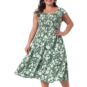 Women's Plus Size Square Neck Flutter Sleeve Smocked High Waist Floral Midi A Line Dresses - Agnes Orinda - 1 of 4