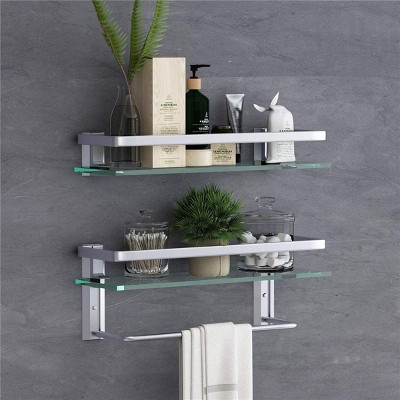 Munora 15.7" Glass Bathroom Shelf - Wall Mounted Floating Shelves with Towel Holder, 2-Tier Shower Shelf