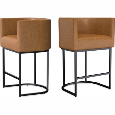 JUJABU Modern Faux Leather Upholstered Bar Stools, 26.4" Set of 2 with Barrel-Curved Backs and Arms