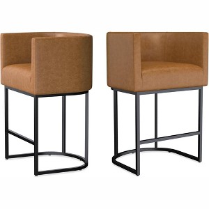 JUJABU Modern Faux Leather Upholstered Bar Stools, 26.4" Set of 2 with Barrel-Curved Backs and Arms - 1 of 4