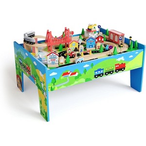Wooden Train Table for Kids,  Activity Play Set with Reversible Top, Train Tracks & Built-in Storage, Natural Wood Toddler Toy - 1 of 4