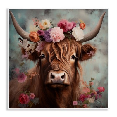 Stupell Industries Detailed Floral Highland Cow Wall Plaque Art