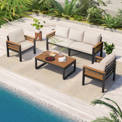 CAVINAS 4-Piece Patio Sectional Furniture Set, Acacia Patio Furniture Sets Solid Wood Coffee Table for Backyard, Beige