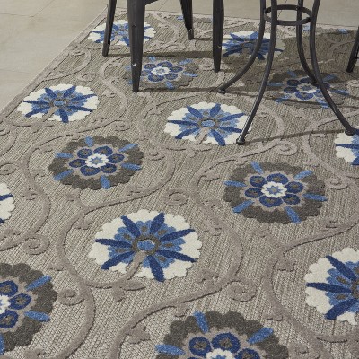 Aloha Floral Blue/Grey Synthetic 9'6" x 13' Indoor/Outdoor Rug