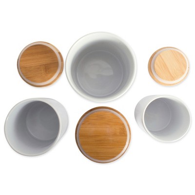 White Ceramic Honeycomb Canister Set with Bamboo Lids, 3 Piece