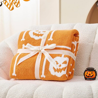 Amelie Home Chenille Knit Throw Blanket, Ultra-Soft Cozy Fall Throw, Reversible Halloween Skeleton & Pumpkin Pattern, Autumn Home Decor