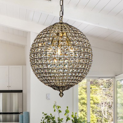 ALOADECOR  Antique Gold Globe Sphere Chandelier Small Crystal Vintage Chandelier Cage-Style Shade Pendant Light for Kitchen Island