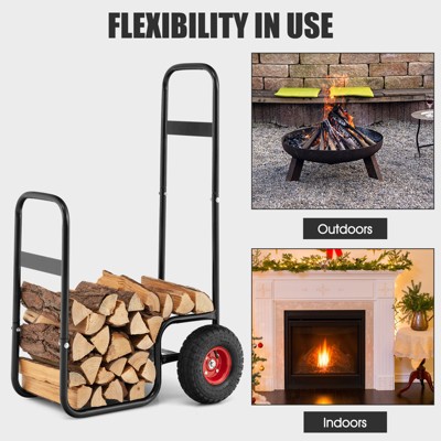 Heavy-Duty Black Steel Firewood Log Cart Carrier with Red Wheels