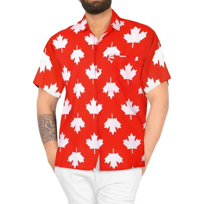 LA LEELA Men's Hawaiian Canada Shirts Short Sleeve Button Down Summer Casual Beach Holiday Shirts for Men M Maple Leaf Flag Red