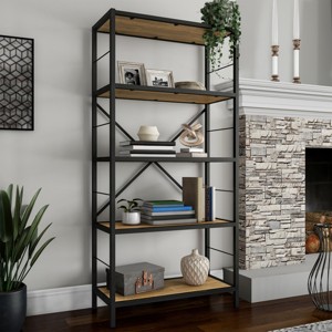Hastings Home 5-Tier Bookshelf, Open Industrial Style Etagere Wooden Shelving Unit, Oak Woodgrain - 1 of 4