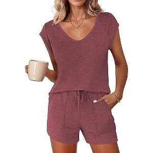Ekouaer Womens Pajama Sets 2 Piece Lounge Sets Comfy Short Sleeve Tops and Shorts Cute Pjs Outfits Set - 1 of 4