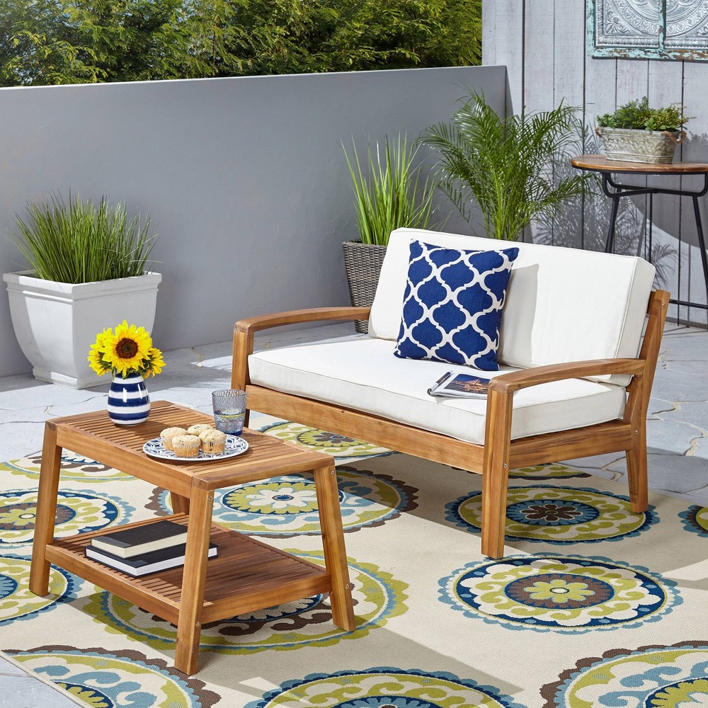 Grenada 2pc Acacia Wood Patio Chat Set - Teak/Beige - Christopher Knight Home