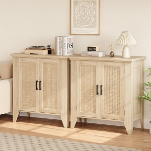 White rattan storage cabinet with doors and shelves, sideboard, suitable for entryways, dining rooms, and living rooms. - 1 of 4