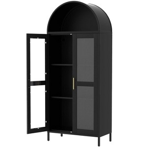 Arched Cabinet with Glass Doors and Adjustable Shelves, 73" Tall Modern Farmhouse Pantry Storage, Freestanding Bookshelf for Kitchen, Room, Black - 1 of 4